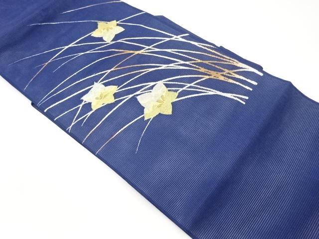  紗 草葉に桔梗模様織出し名古屋帯